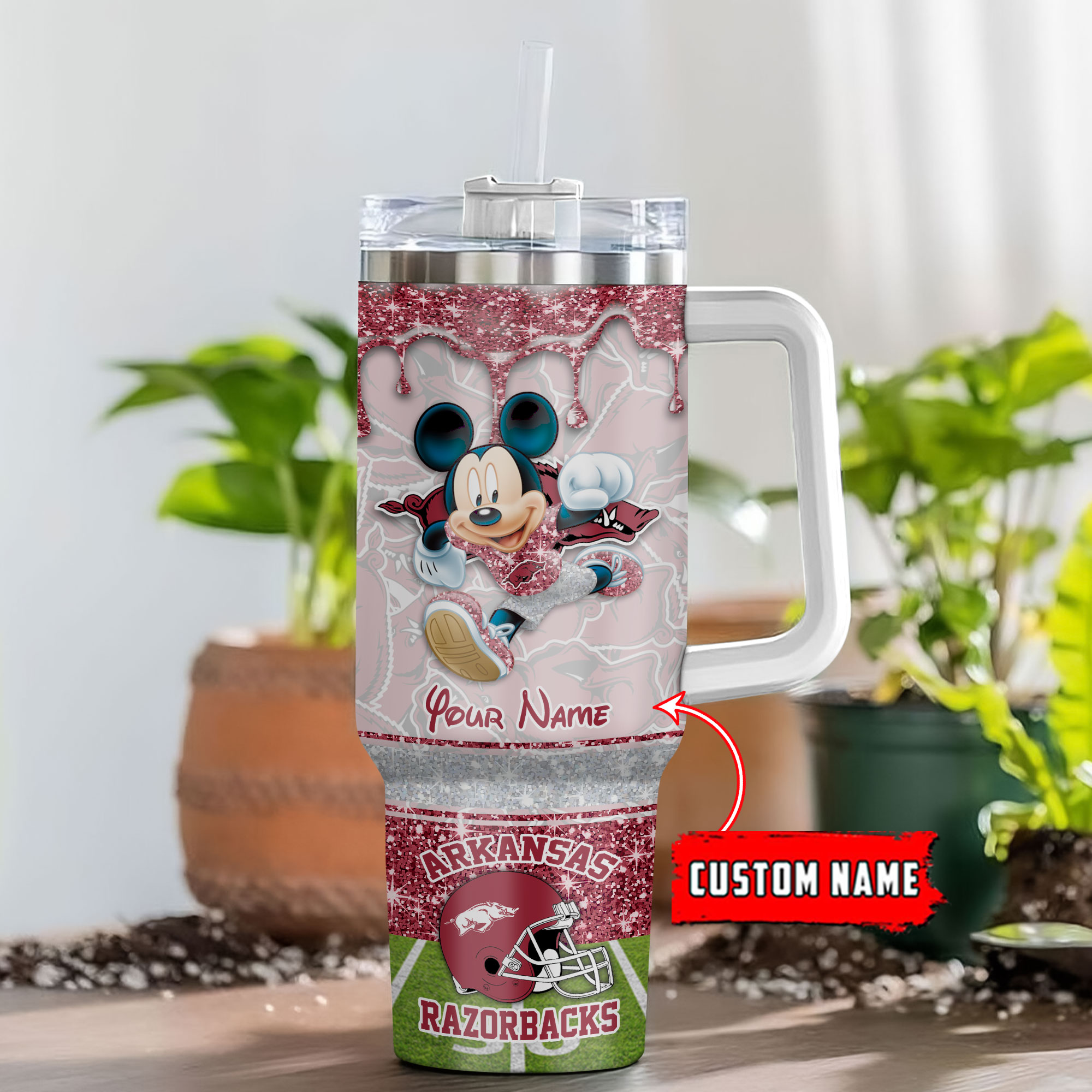 Arkansas Razorbacks NCAA Mickey Mouse Glitter Custom Stanley Quencher 40oz Stainless Steel Tumbler With Handle