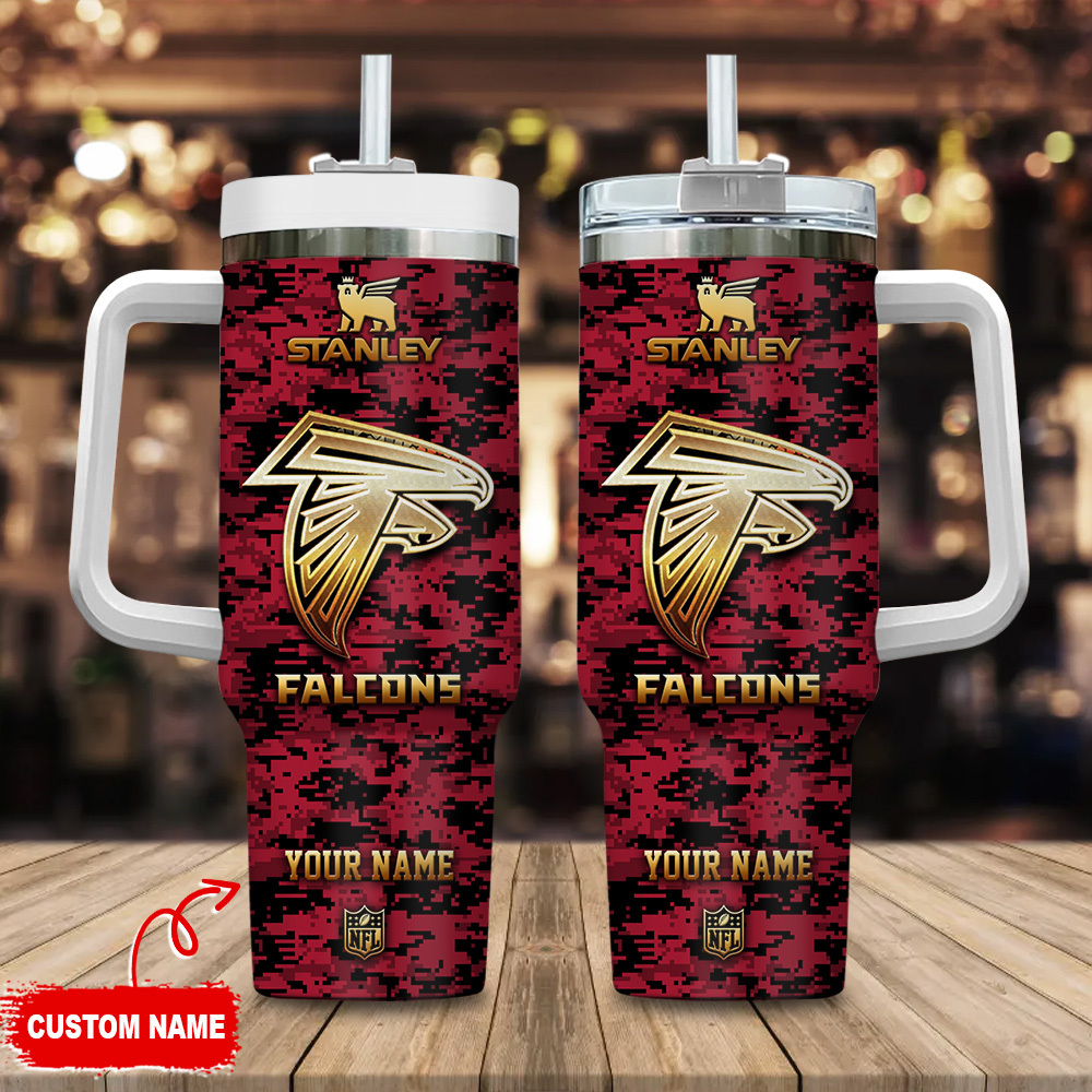 Atlanta Falcons NFL Camouflage Golden Logo Custom Stanley Quencher 40oz Stainless Steel Tumbler With Handle