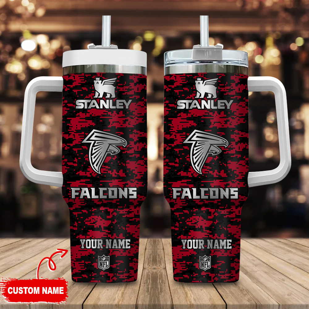 Atlanta Falcons NFL Camouflage Silver Logo Custom Stanley Quencher 40oz Stainless Steel Tumbler With Handle