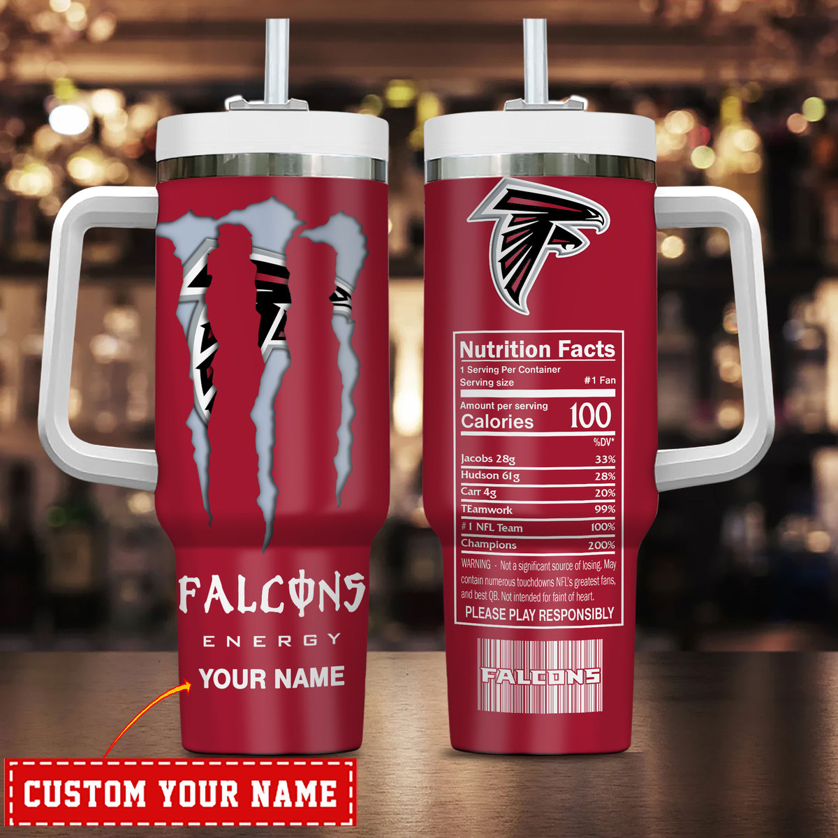 Atlanta Falcons NFL Energy Nutrition Facts Custom Stanley Quencher 40oz Stainless Steel Tumbler With Handle