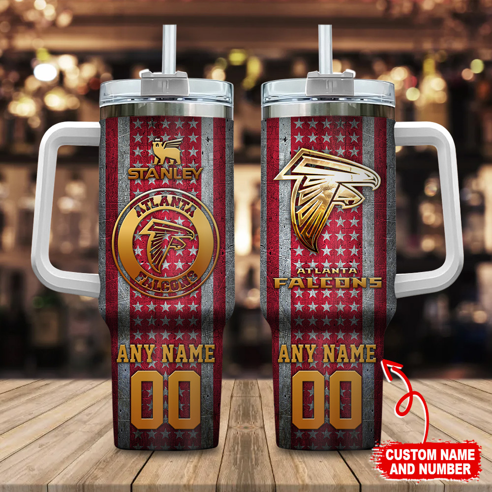 Atlanta Falcons NFL Golden Logos US Flag Custom Stanley Quencher 40oz Stainless Steel Tumbler With Handle