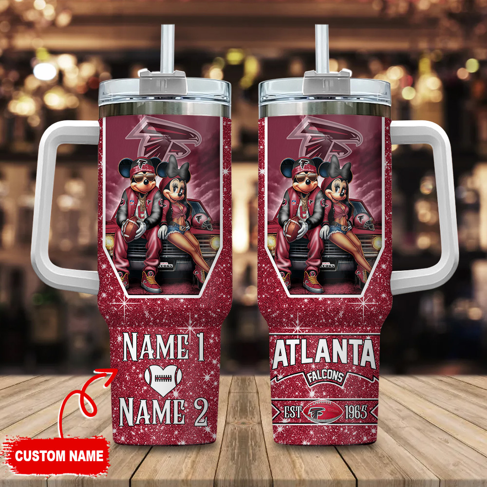 Atlanta Falcons NFL Mickey And Minnie Couple Custom Stanley Quencher 40oz Stainless Steel Tumbler With Handle