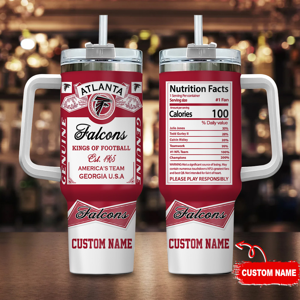 Atlanta Falcons NFL Nutrition Facts Custom Stanley Quencher 40oz Stainless Steel Tumbler With Handle