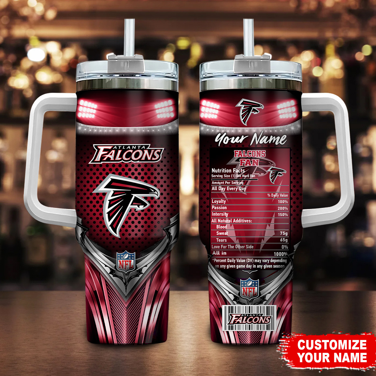 Atlanta Falcons NFL Nutrition Facts Custom Stanley Quencher 40oz Stainless Steel Tumbler With Handle