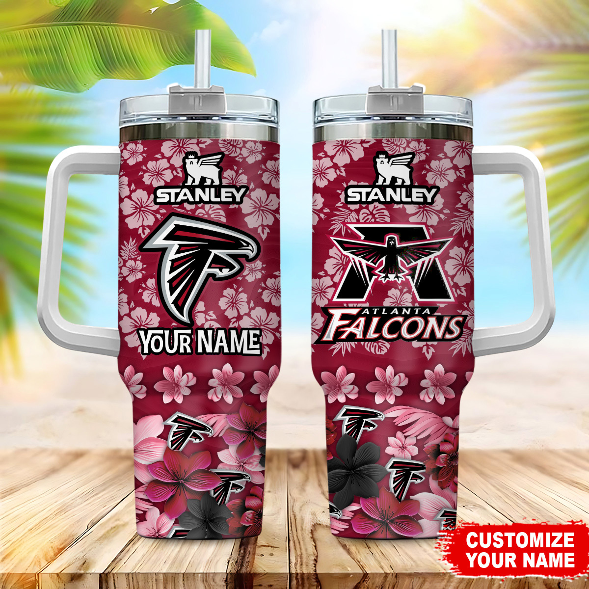 Atlanta Falcons NFL Tropical Floral Custom Stanley Quencher 40oz Stainless Steel Tumbler With Handle