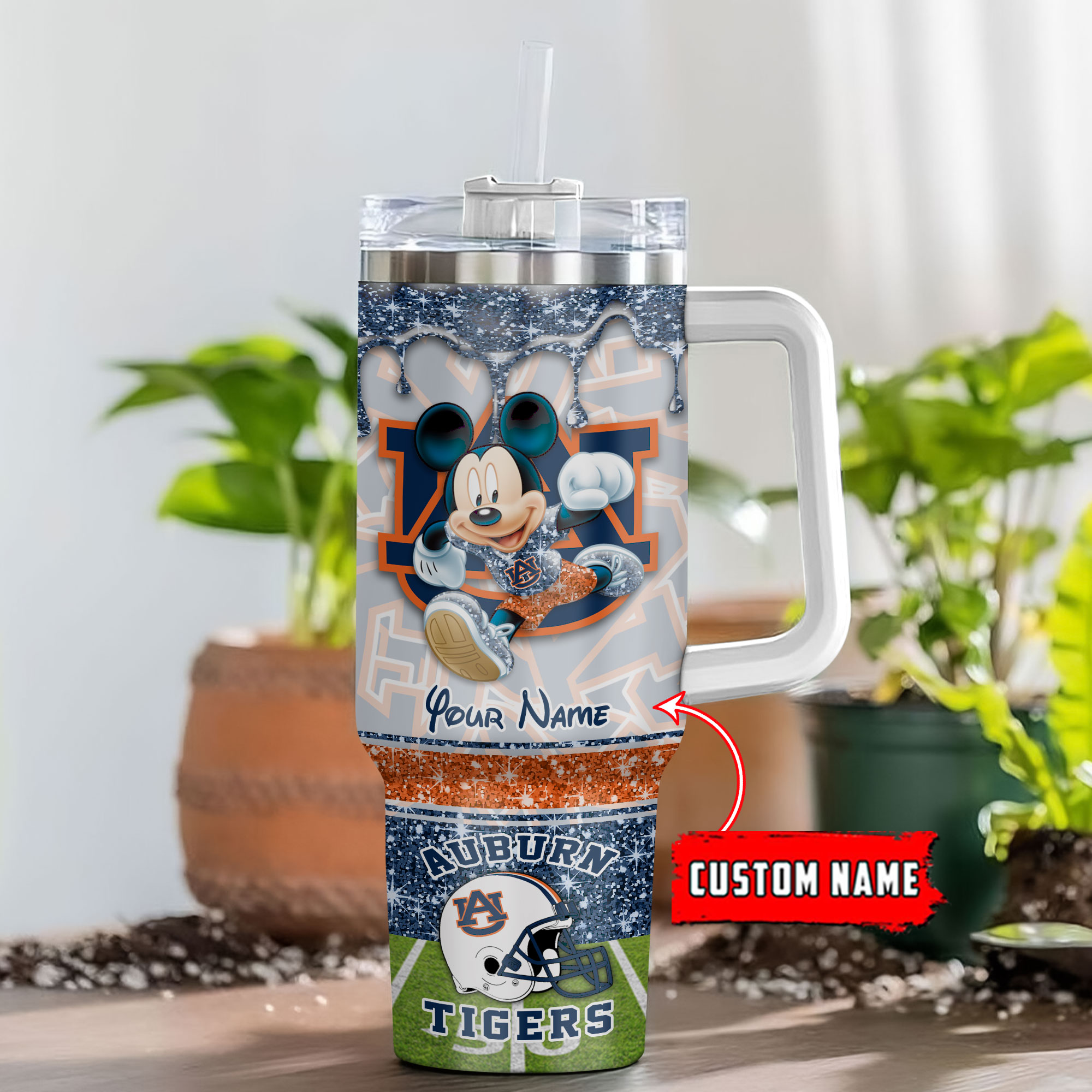 Auburn Tigers NCAA Mickey Mouse Glitter Custom Stanley Quencher 40oz Stainless Steel Tumbler With Handle