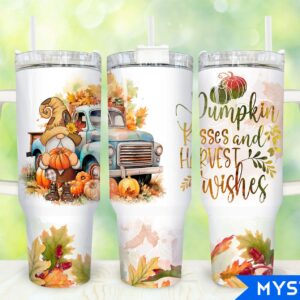 Autumn Gnome And Pumpkins Custom Stanley Quencher 40oz Stainless Steel Tumbler With Handle