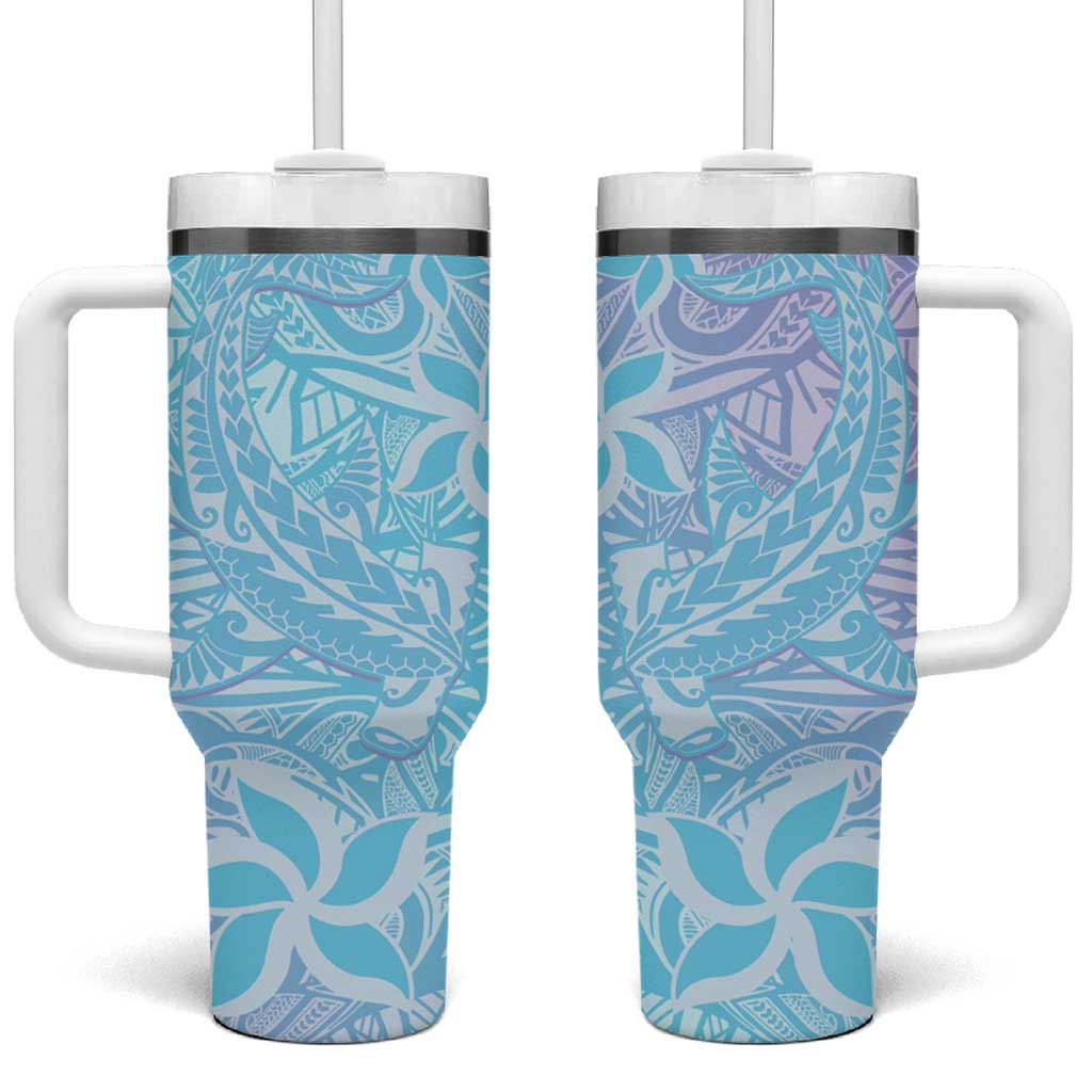 Baby Blue Gradient Polynesia Hawaiian Tribal Hammerhead Shark Tattoo Custom Stanley Quencher 40oz Stainless Steel Tumbler With Handle