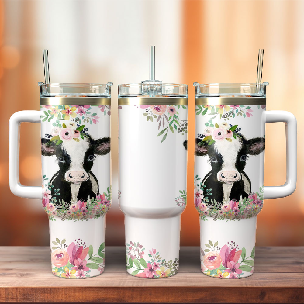 Baby Cow Flower Arkwork Custom Stanley Quencher 40oz Stainless Steel Tumbler With Handle