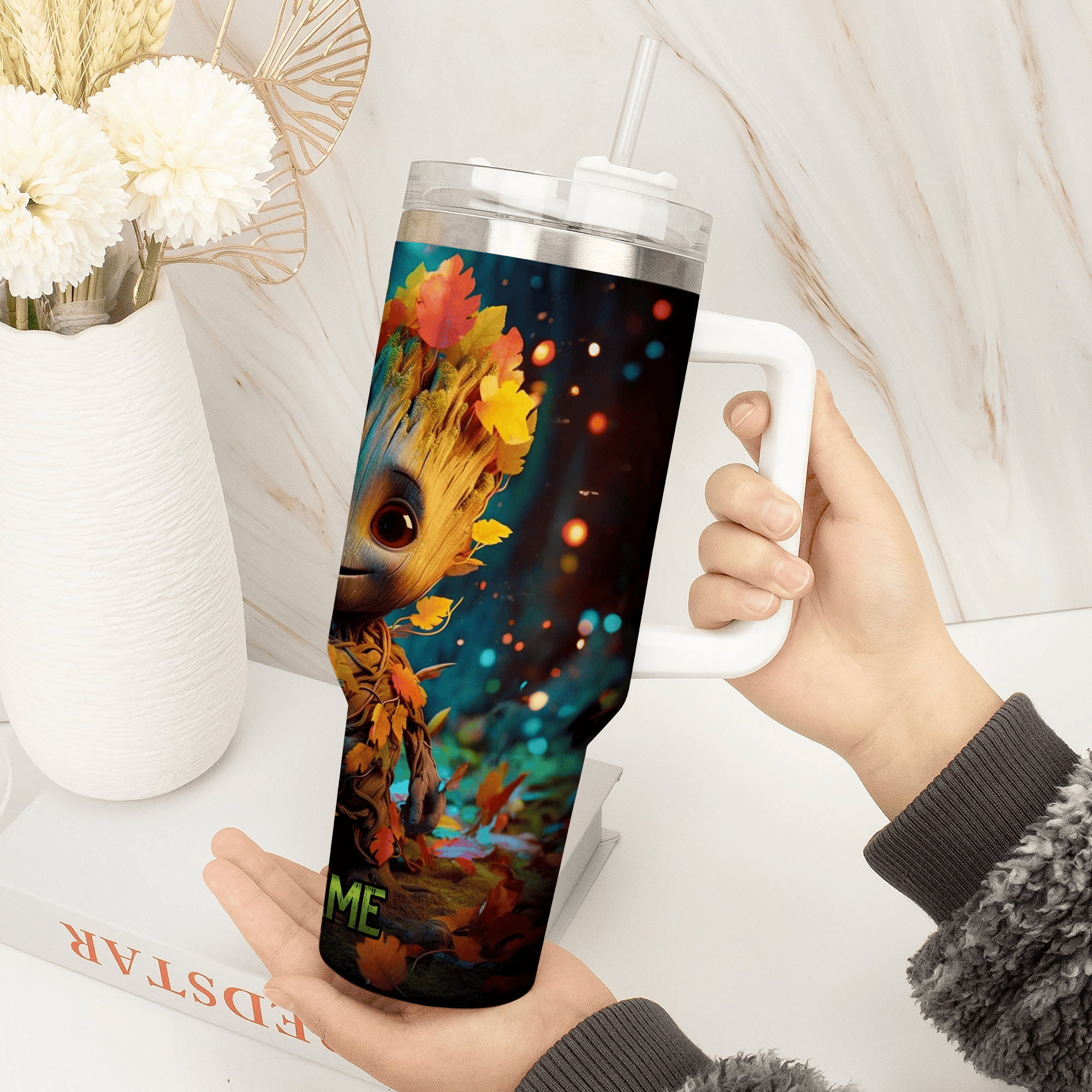 Baby Groot Cartoon Custom Stanley Quencher 40oz Stainless Steel Tumbler With Handle