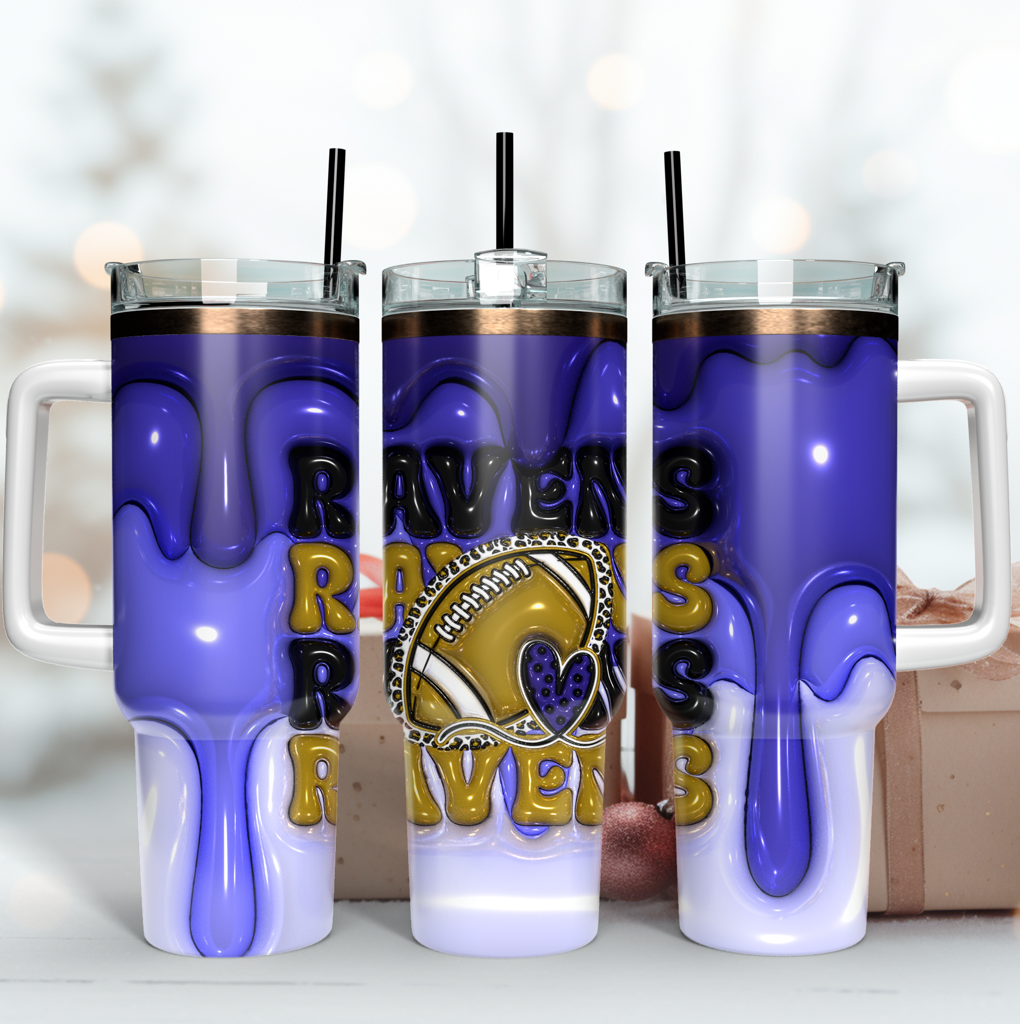 Baltimore Ravens NFL 3D Inflated Puff Effect Custom Stanley Quencher 40oz Stainless Steel Tumbler With Handle