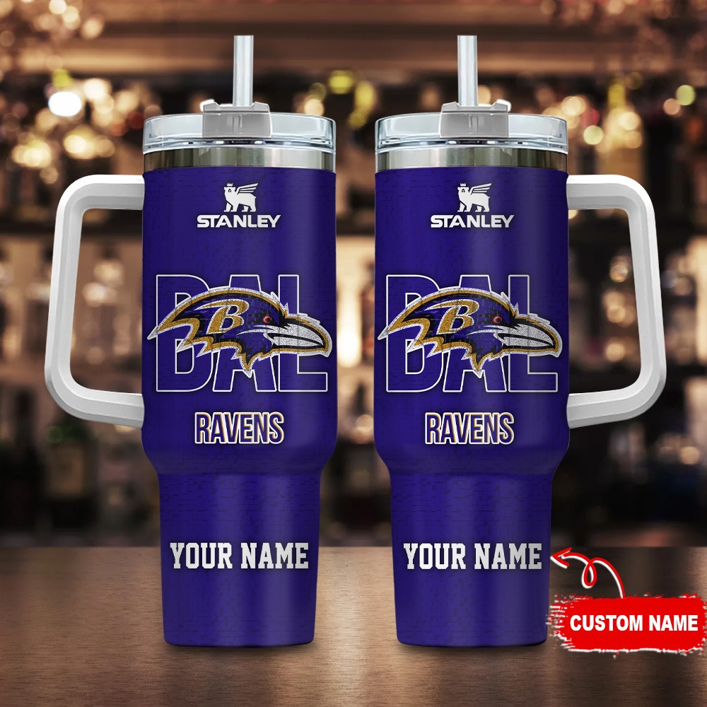 Baltimore Ravens NFL 3D Logo Custom Stanley Quencher 40oz Stainless Steel Tumbler With Handle