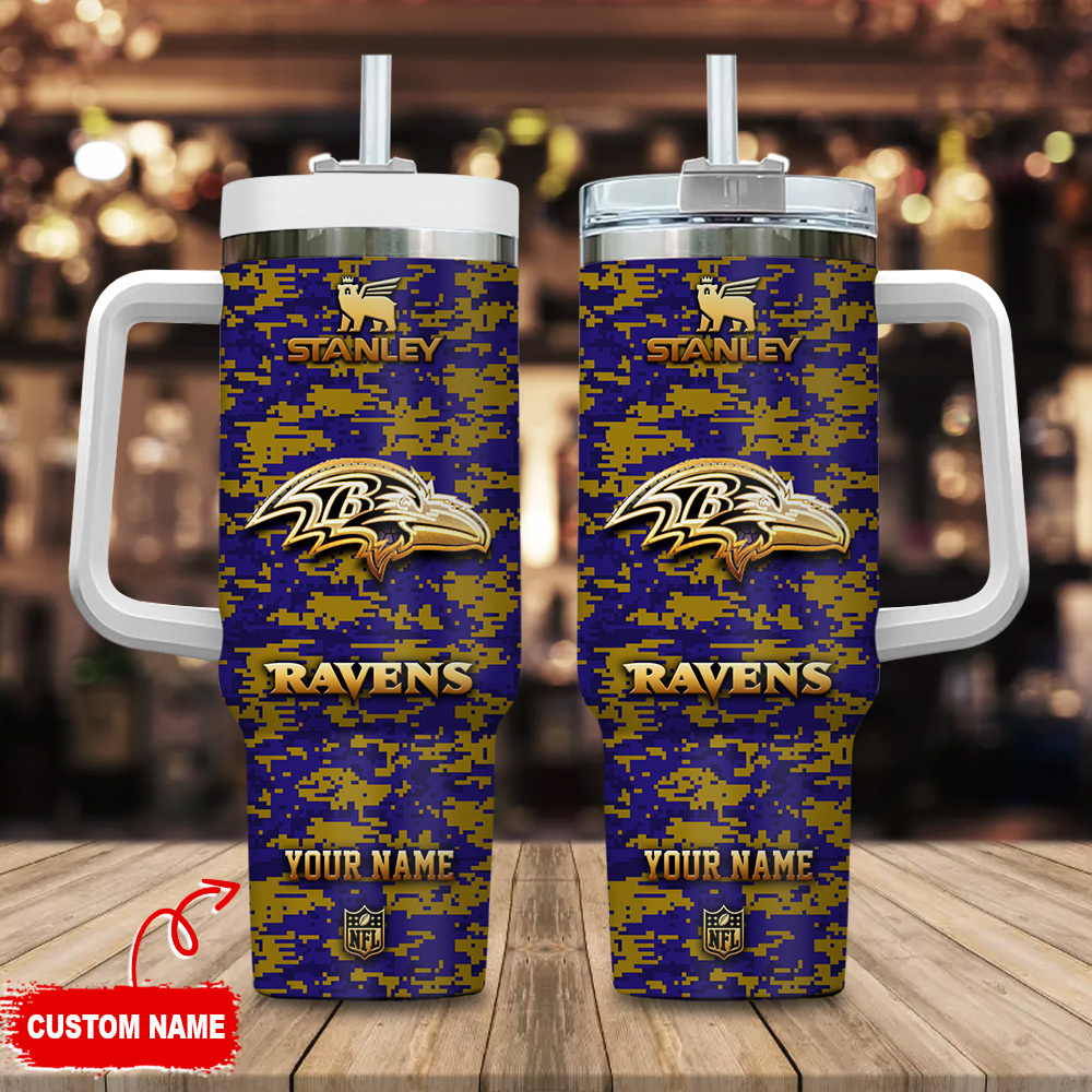 Baltimore Ravens NFL Camouflage Golden Logo Custom Stanley Quencher 40oz Stainless Steel Tumbler With Handle