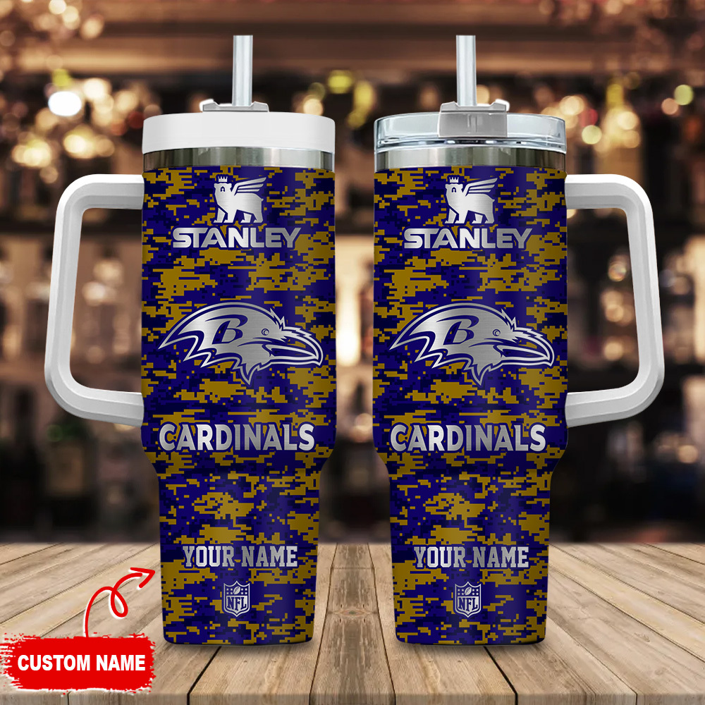 Baltimore Ravens NFL Camouflage Silver Logo Custom Stanley Quencher 40oz Stainless Steel Tumbler With Handle