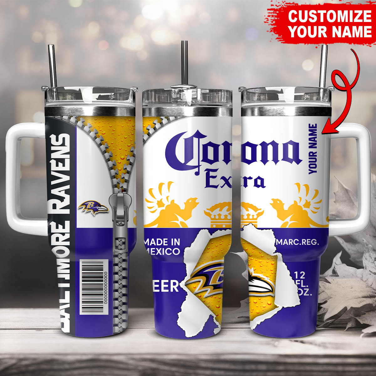 Baltimore Ravens NFL Corona Extra Custom Stanley Quencher 40oz Stainless Steel Tumbler With Handle