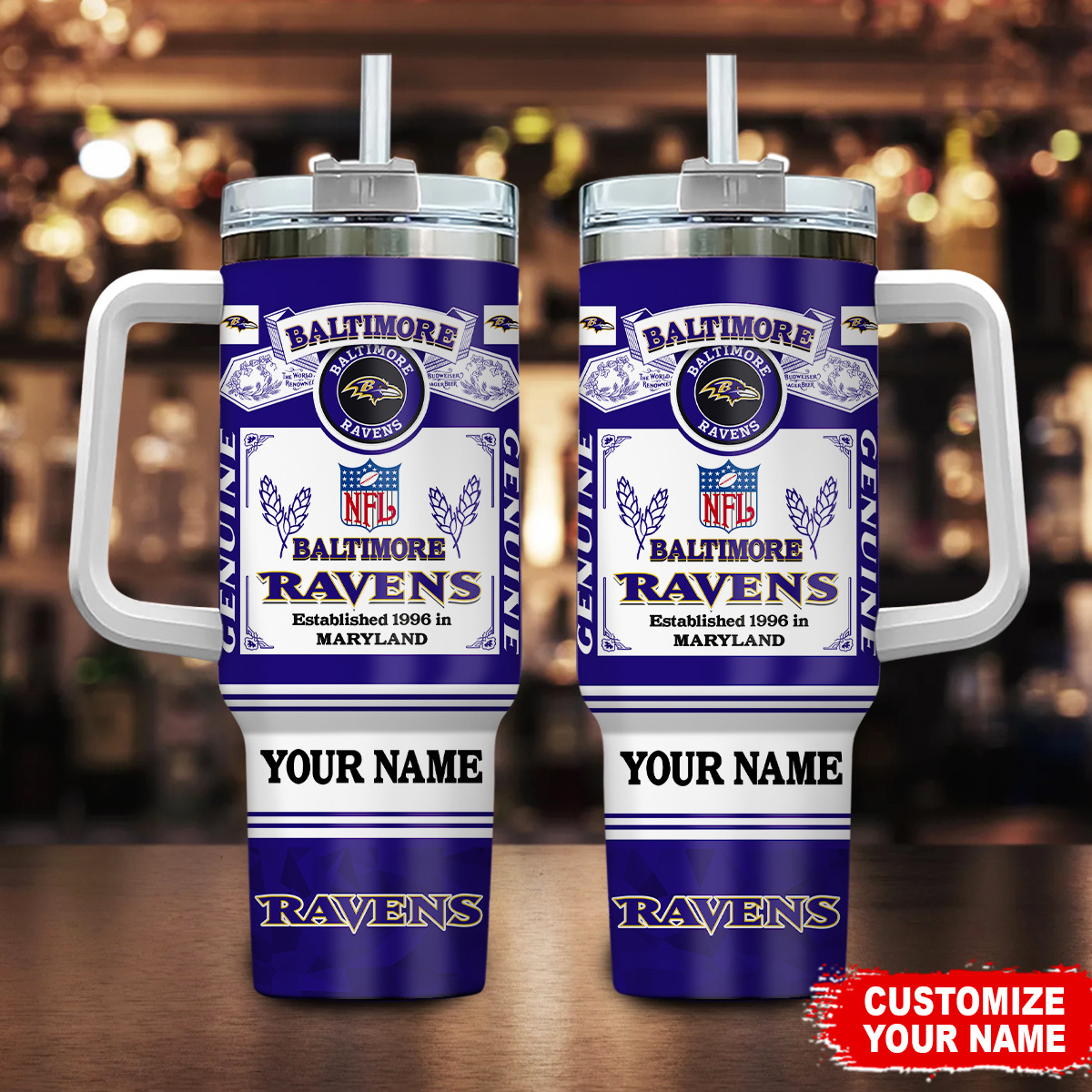 Baltimore Ravens NFL Custom Stanley Quencher 40oz Stainless Steel Tumbler With Handle