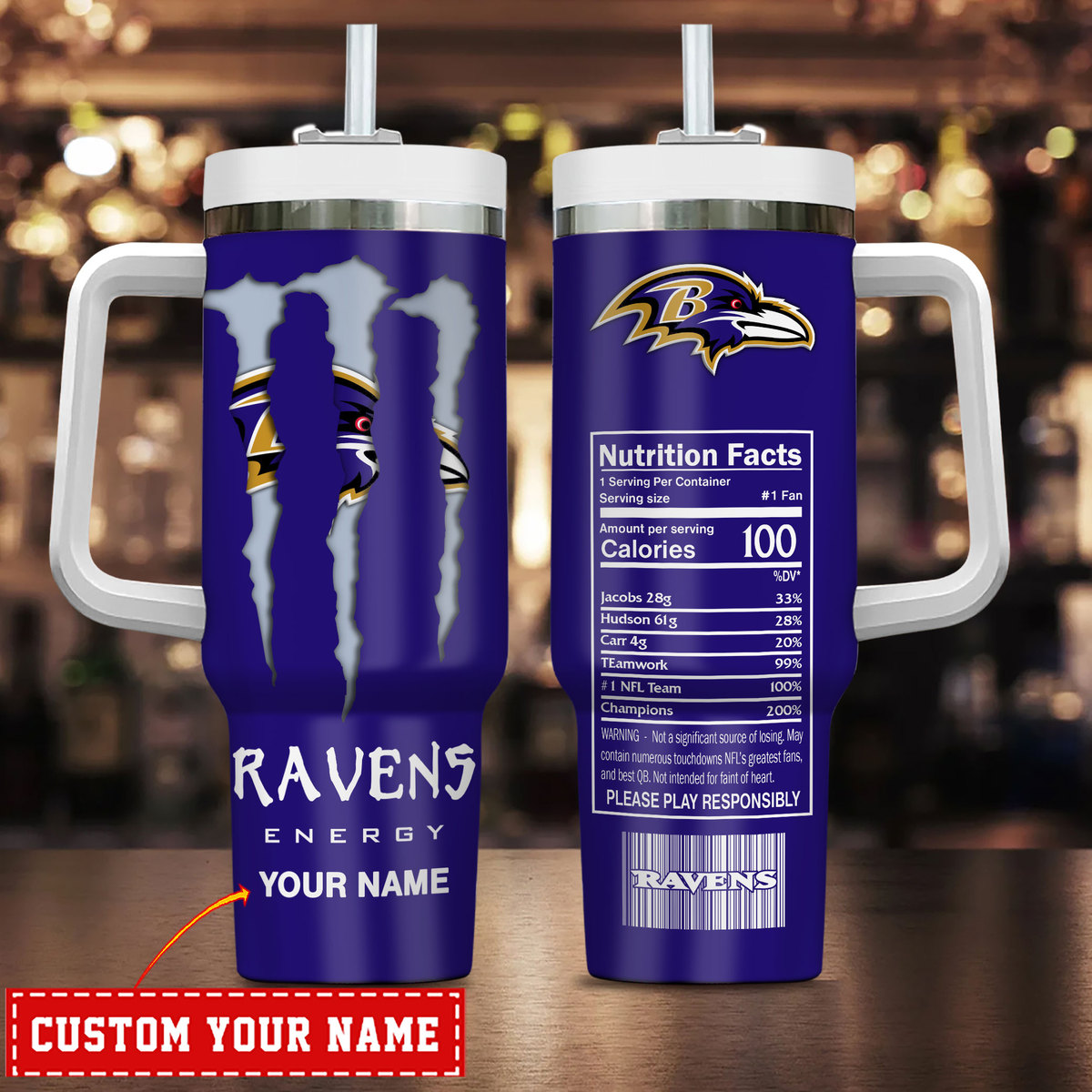 Baltimore Ravens NFL Energy Nutrition Facts Custom Stanley Quencher 40oz Stainless Steel Tumbler With Handle