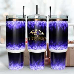 Baltimore Ravens NFL Fire Effect Custom Stanley Quencher 40oz Stainless Steel Tumbler With Handle