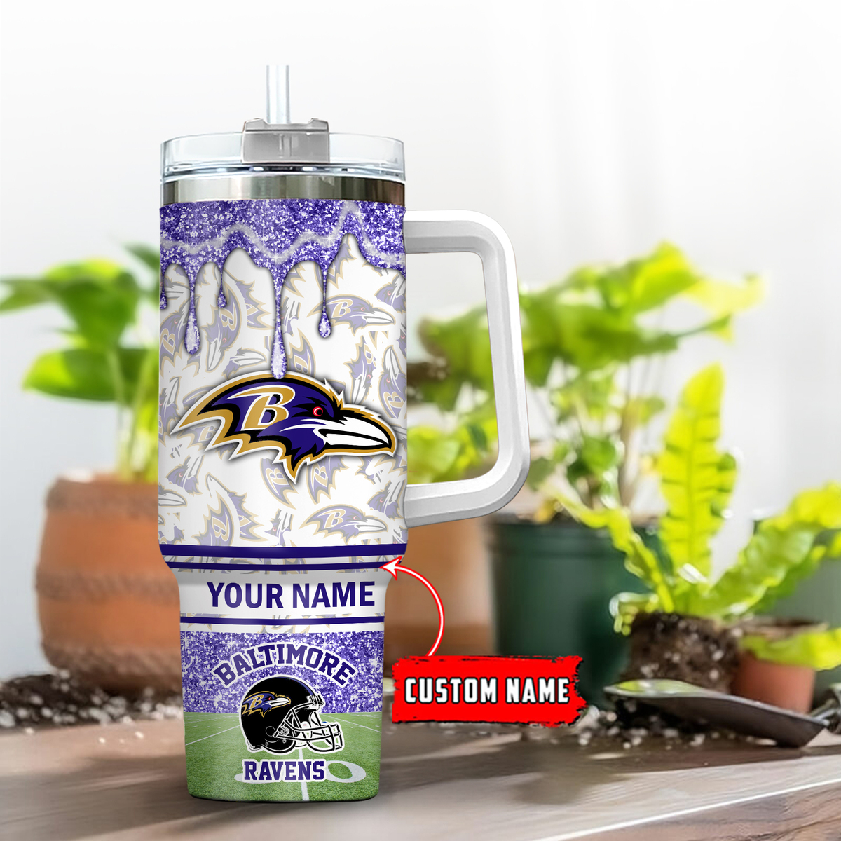 Baltimore Ravens NFL Glitter Custom Stanley Quencher 40oz Stainless Steel Tumbler With Handle