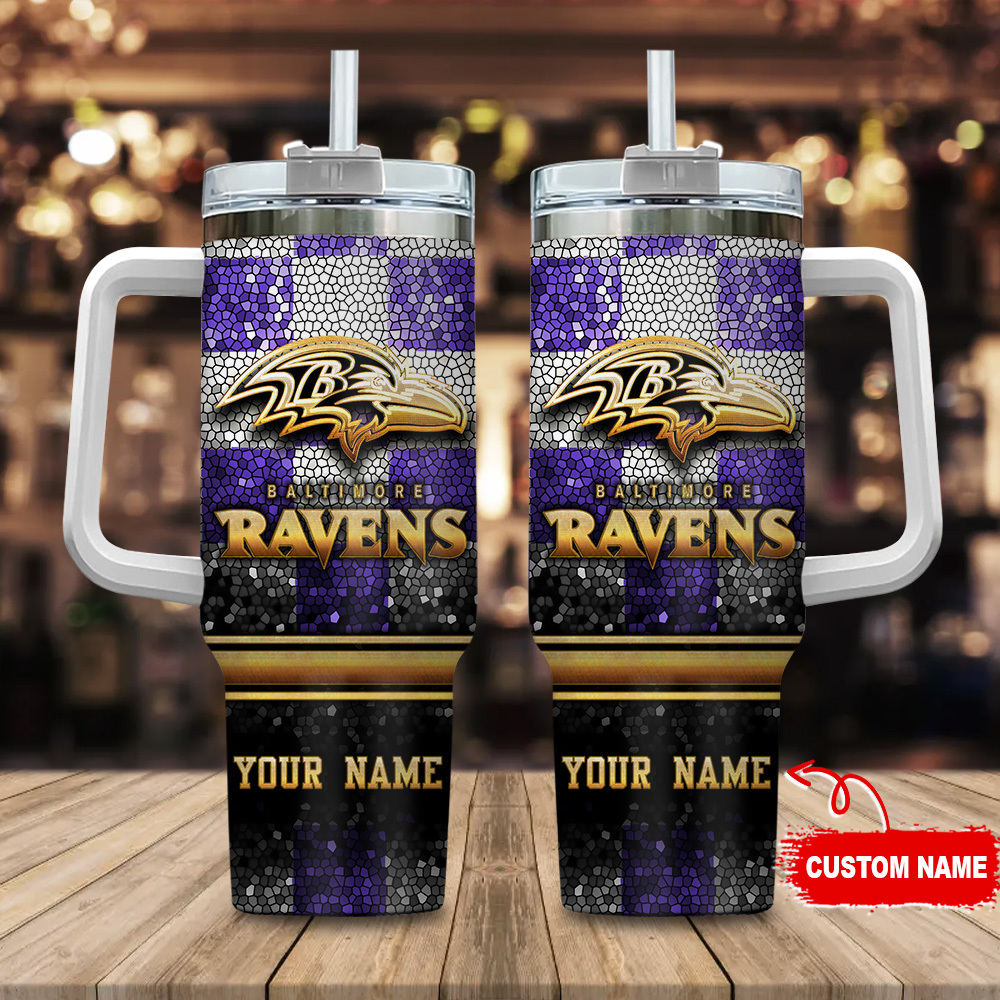 Baltimore Ravens NFL Glitter Golden Logo Custom Stanley Quencher 40oz Stainless Steel Tumbler With Handle