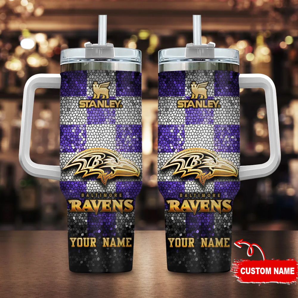 Baltimore Ravens NFL Glitter Golden Logo Custom Stanley Quencher 40oz Stainless Steel Tumbler With Handle