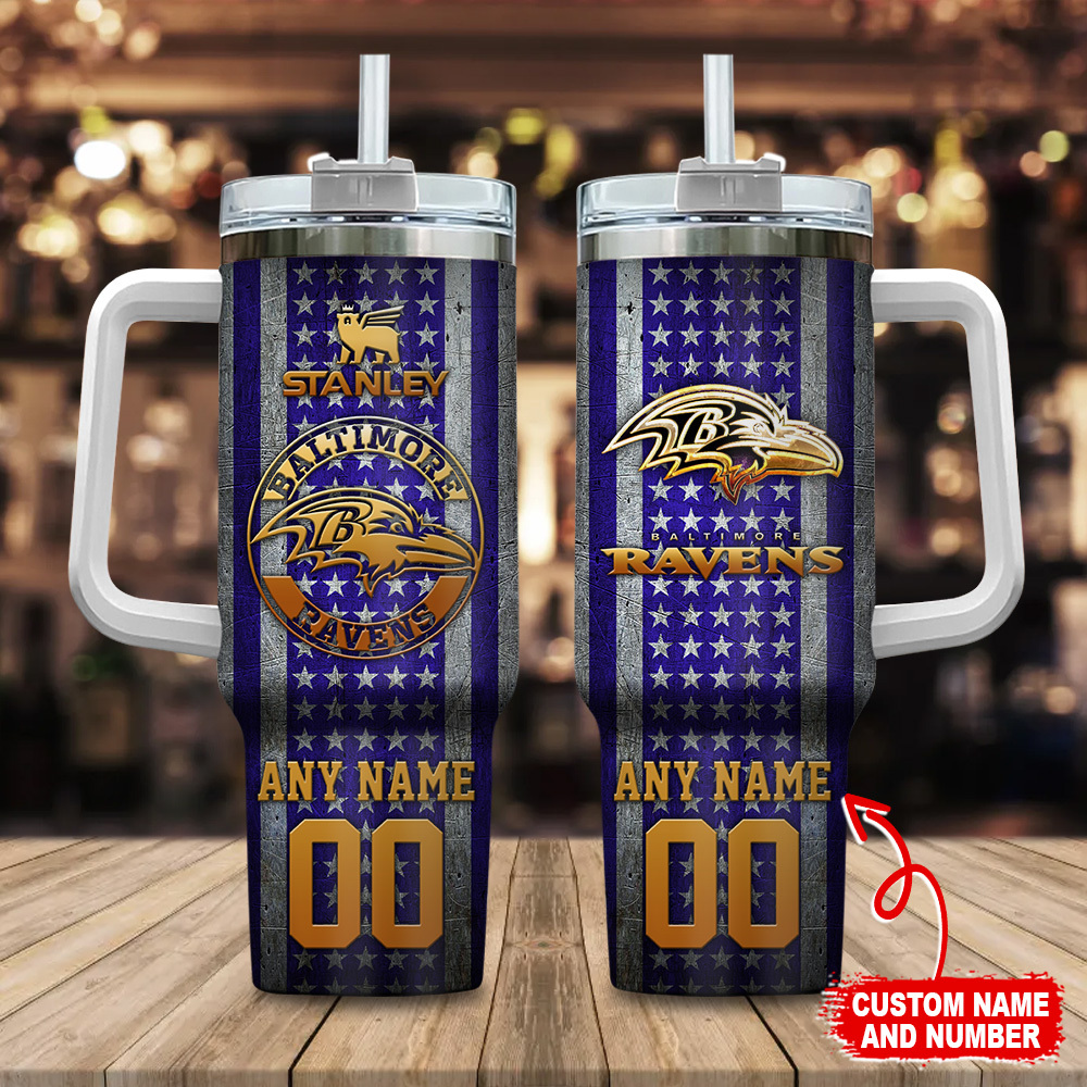Baltimore Ravens NFL Golden Logos US Flag Custom Stanley Quencher 40oz Stainless Steel Tumbler With Handle