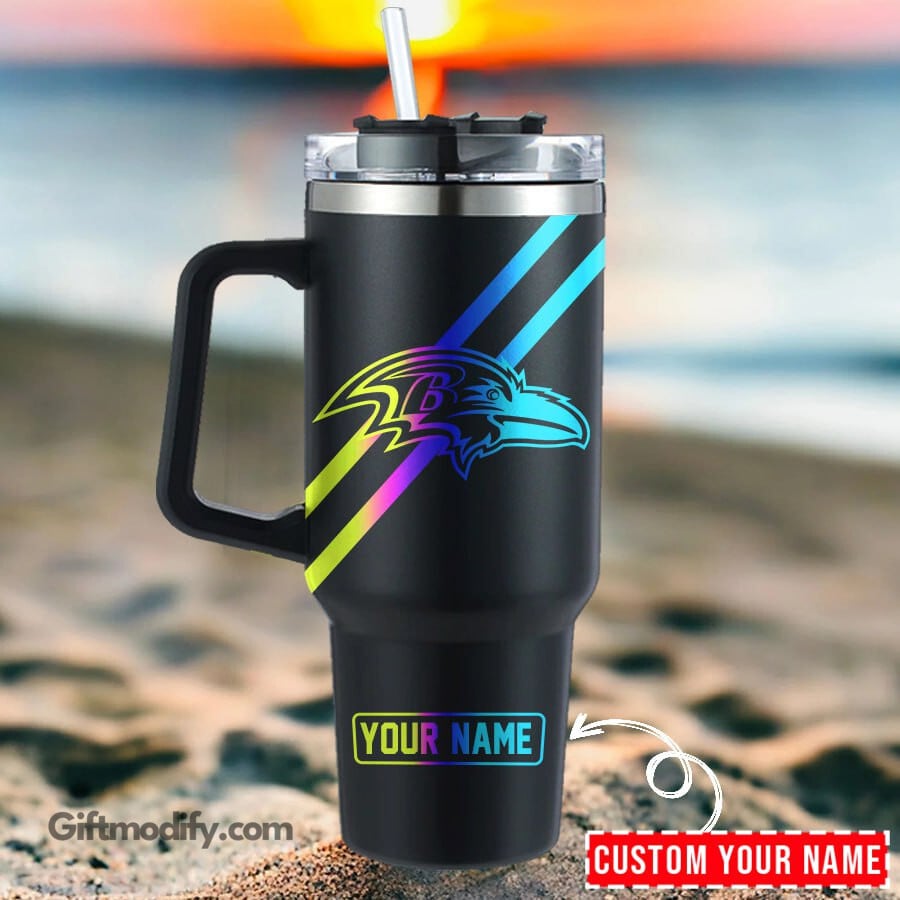 Baltimore Ravens NFL Hologram Logo Custom Stanley Quencher 40oz Stainless Steel Tumbler With Handle