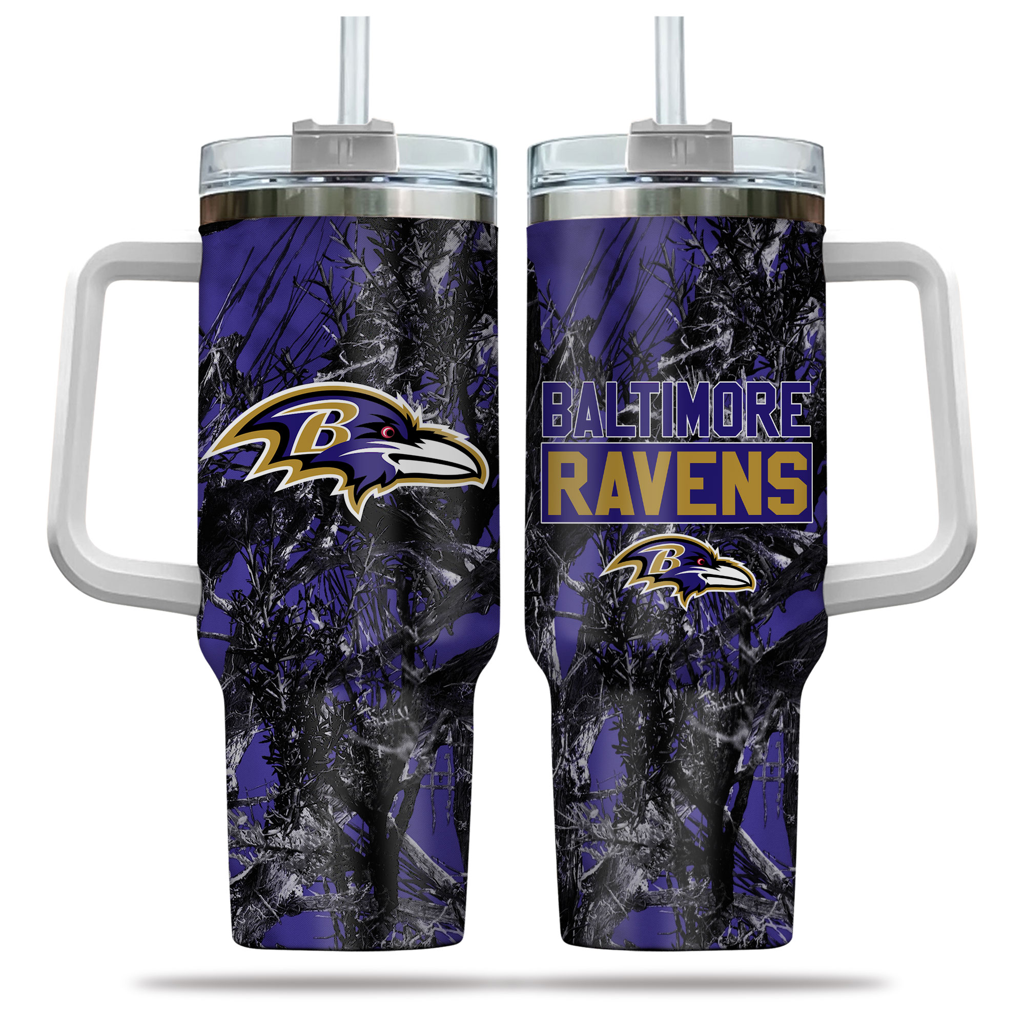 Baltimore Ravens NFL Hunting Custom Stanley Quencher 40oz Stainless Steel Tumbler With Handle