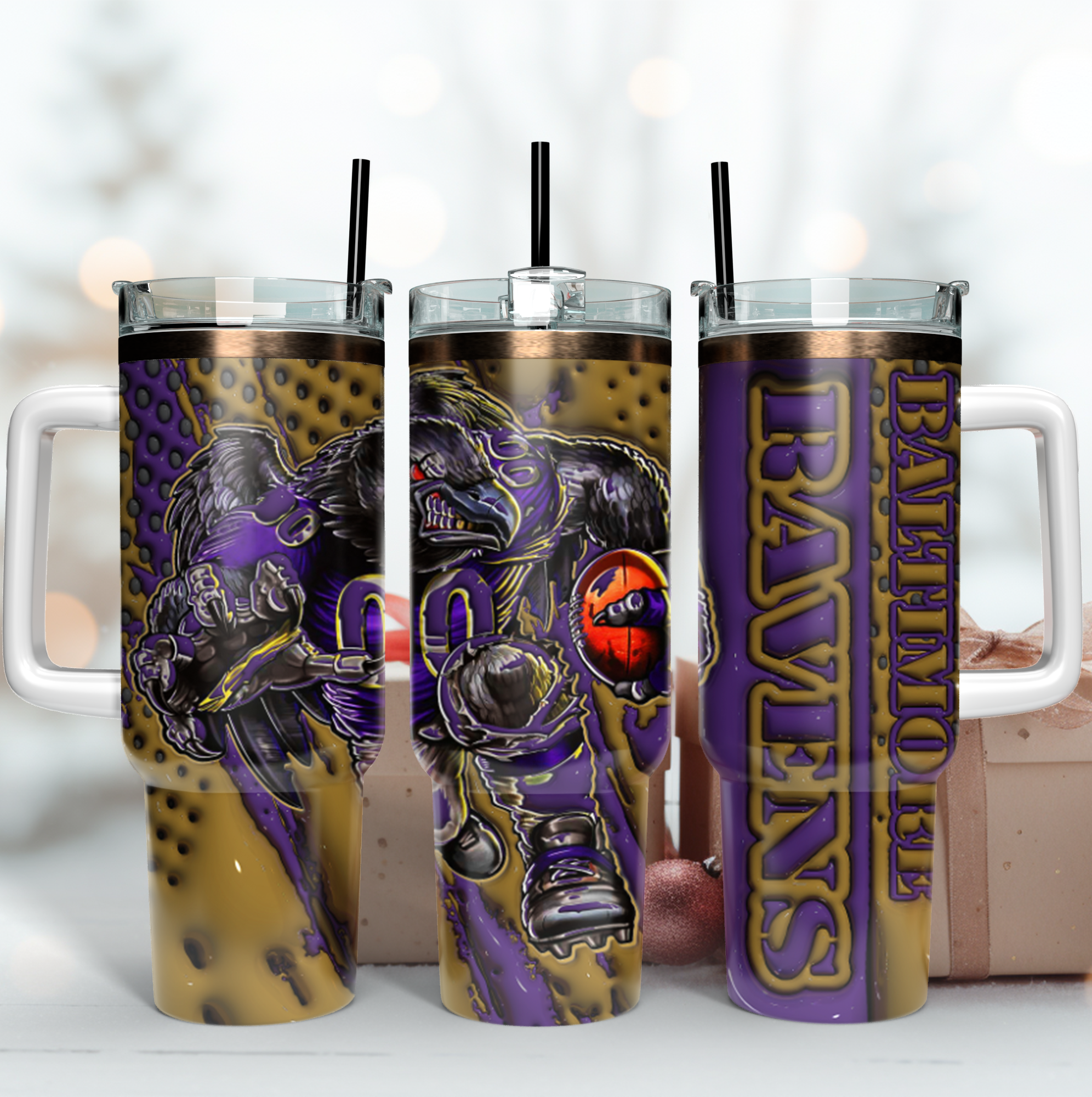 Baltimore Ravens NFL Mascot Custom Stanley Quencher 40oz Stainless Steel Tumbler With Handle