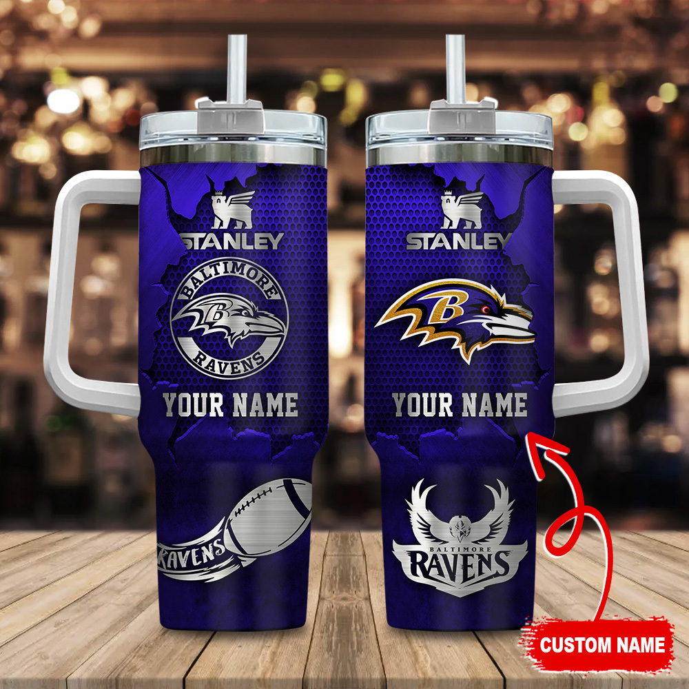 Baltimore Ravens NFL Metal Style Custom Stanley Quencher 40oz Stainless Steel Tumbler With Handle