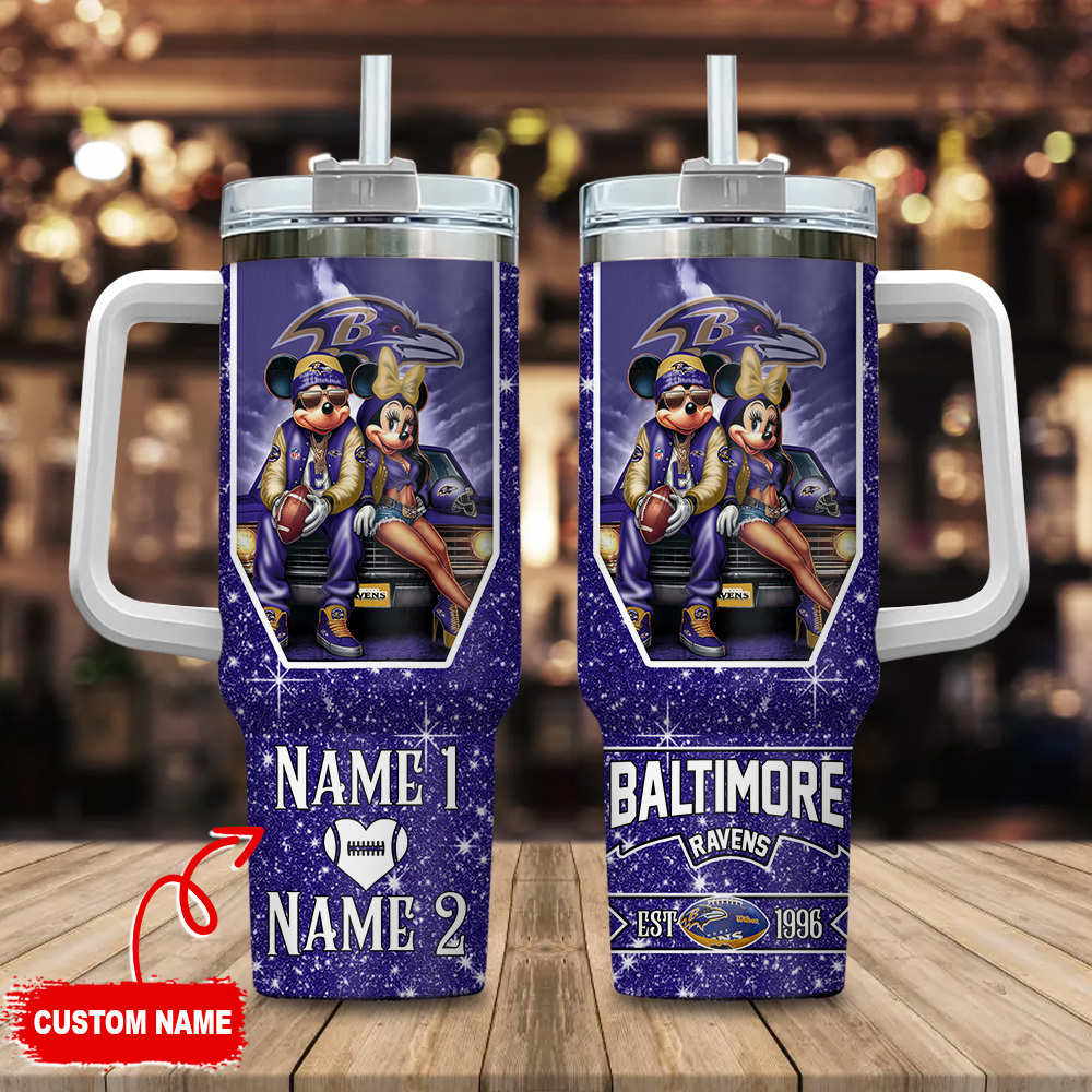 Baltimore Ravens NFL Mickey And Minnie Couple Custom Stanley Quencher 40oz Stainless Steel Tumbler With Handle