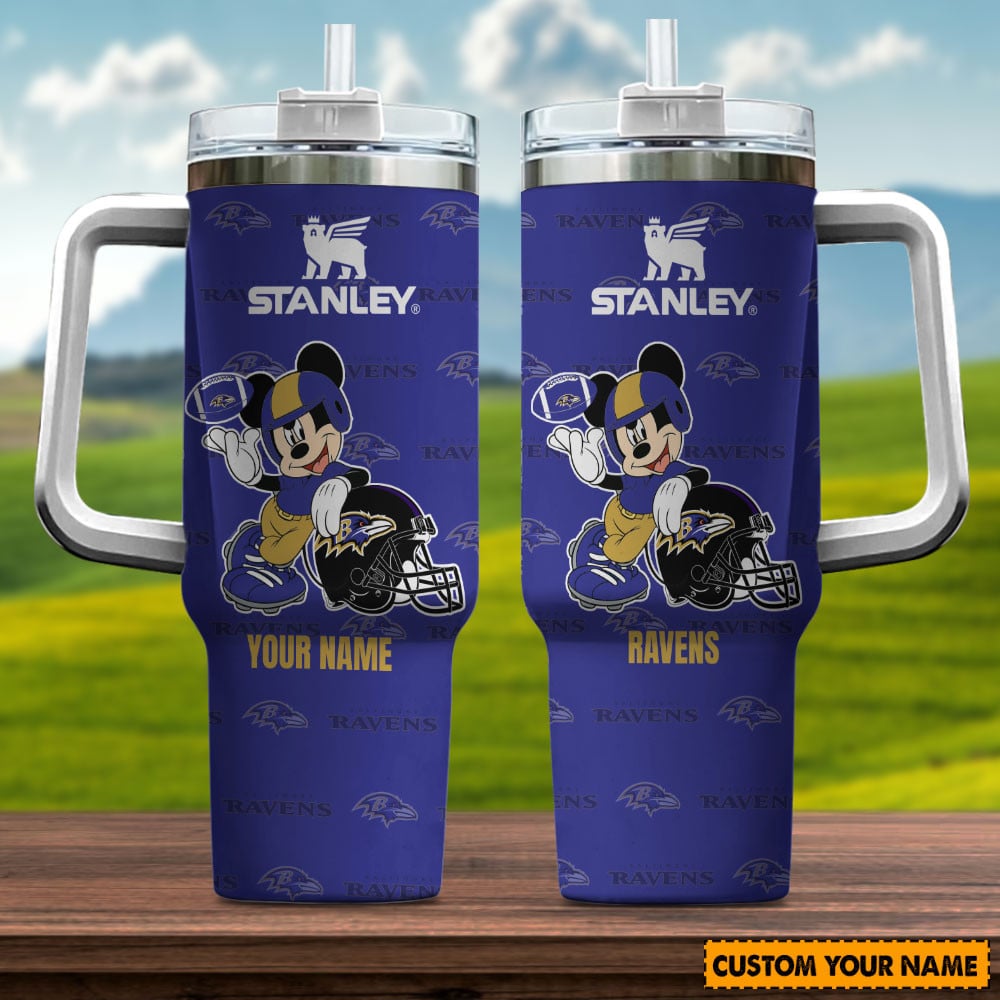 Baltimore Ravens NFL Mickey Mouse Custom Stanley Quencher 40oz Stainless Steel Tumbler With Handle