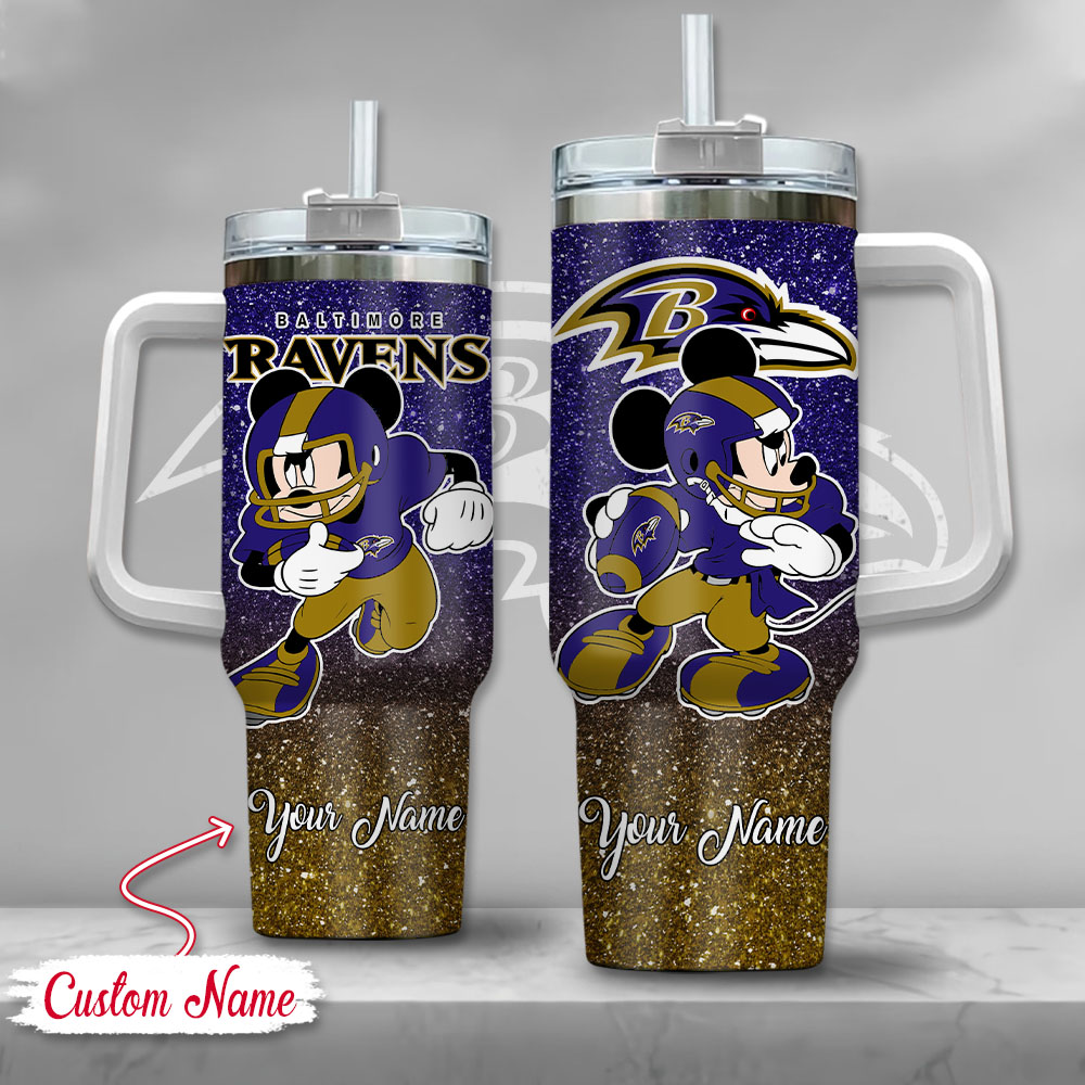 Baltimore Ravens NFL Mickey Mouse Glitter Custom Stanley Quencher 40oz Stainless Steel Tumbler With Handle