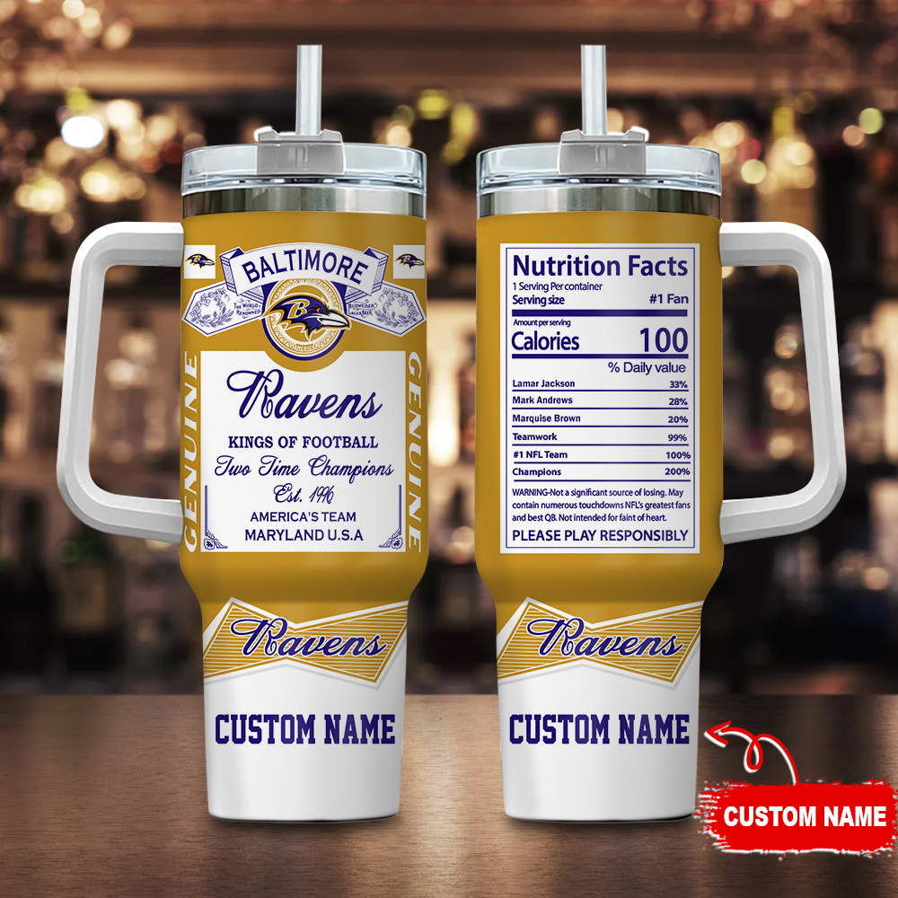 Baltimore Ravens NFL Nutrition Facts Custom Stanley Quencher 40oz Stainless Steel Tumbler With Handle