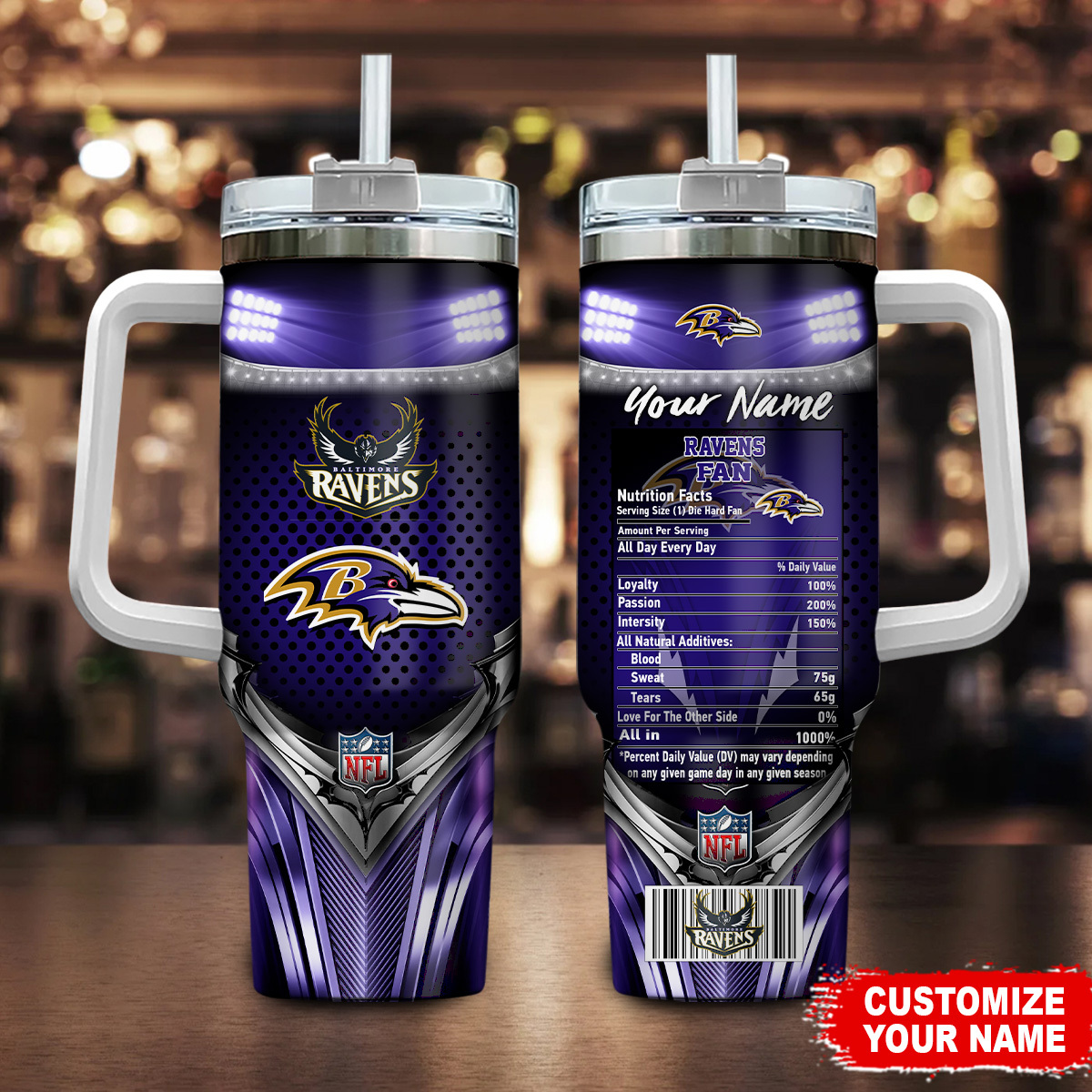 Baltimore Ravens NFL Nutrition Facts Custom Stanley Quencher 40oz Stainless Steel Tumbler With Handle