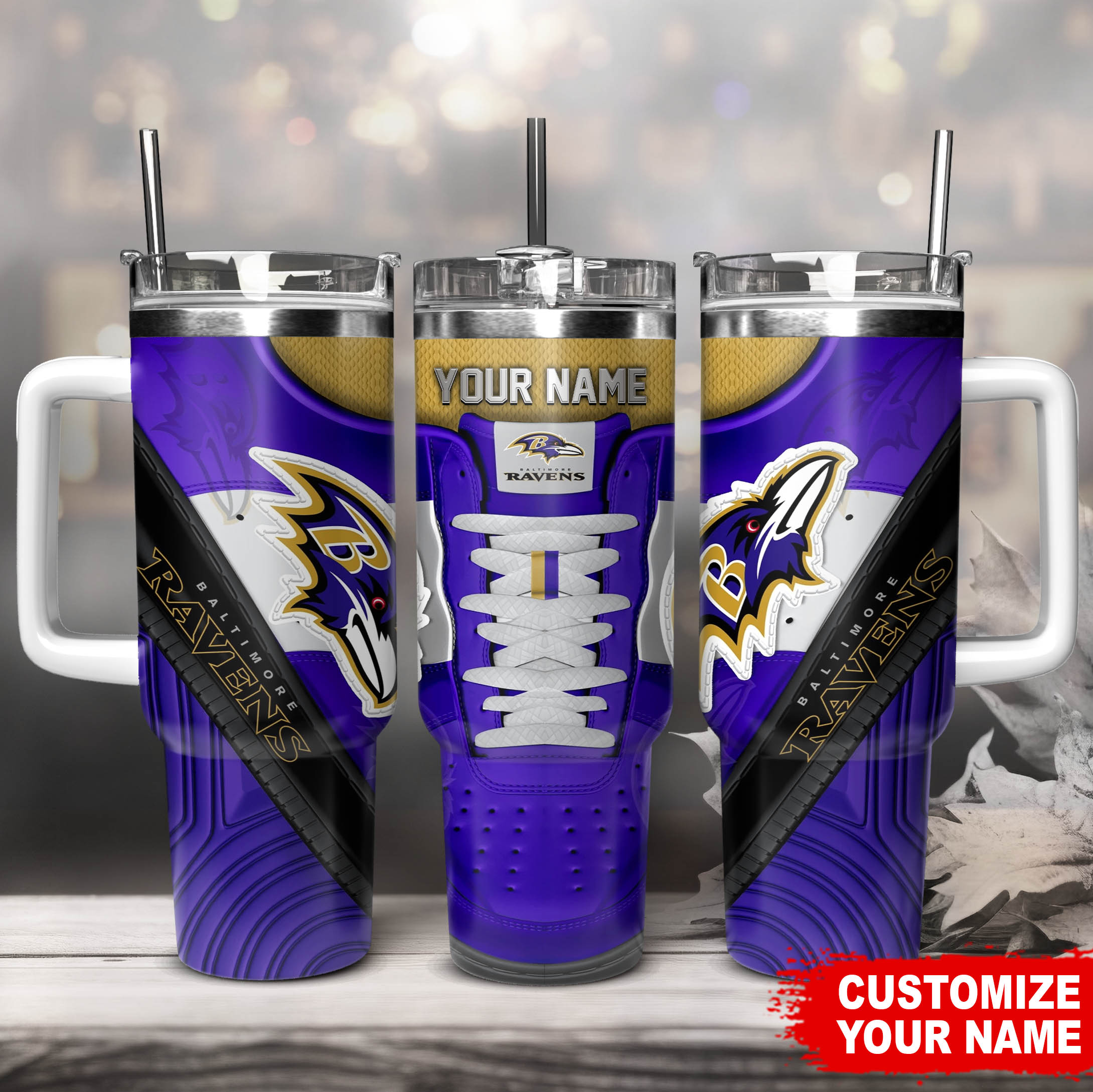 Baltimore Ravens NFL Sneaker Custom Stanley Quencher 40oz Stainless Steel Tumbler With Handle