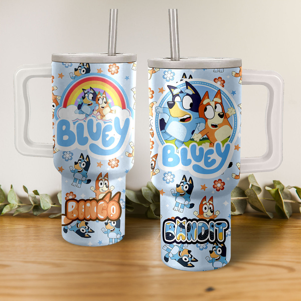 Bandit and Bingo Heeler Bluey Cartoon Custom Stanley Quencher 40oz Stainless Steel Tumbler With Handle