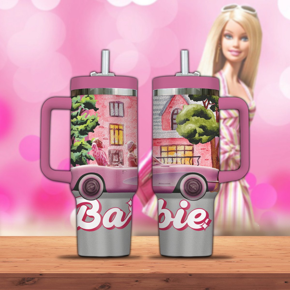 Barbie Cartoon Custom Stanley Quencher 40oz Stainless Steel Tumbler With Handle