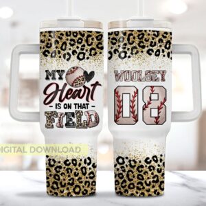 Baseball Glitter Leopard Print Custom Stanley Quencher 40oz Stainless Steel Tumbler With Handle