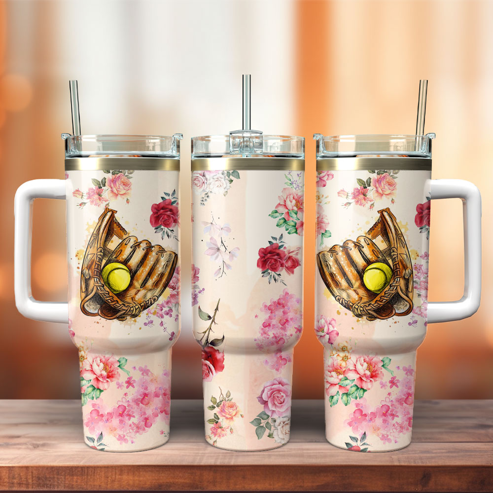 Baseball Glove And Ball Artwork Custom Stanley Quencher 40oz Stainless Steel Tumbler With Handle