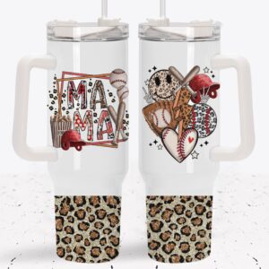 Baseball Mama Glitter Leopard Print Custom Stanley Quencher 40oz Stainless Steel Tumbler With Handle