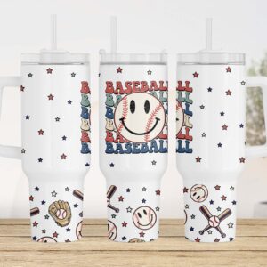 Baseball Retro Smiley Face Custom Stanley Quencher 40oz Stainless Steel Tumbler With Handle