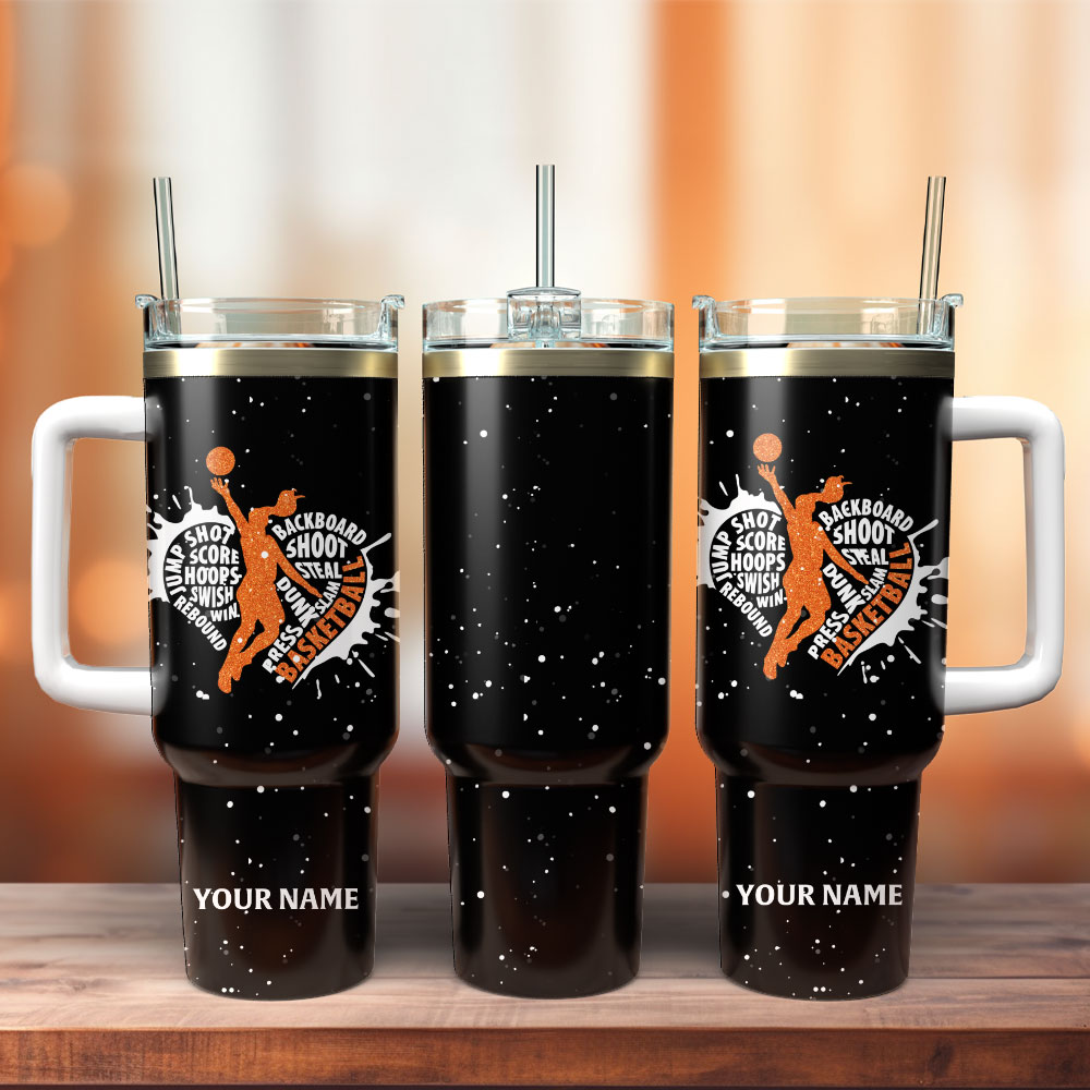 Basketball Artwork Sport Custom Stanley Quencher 40oz Stainless Steel Tumbler With Handle