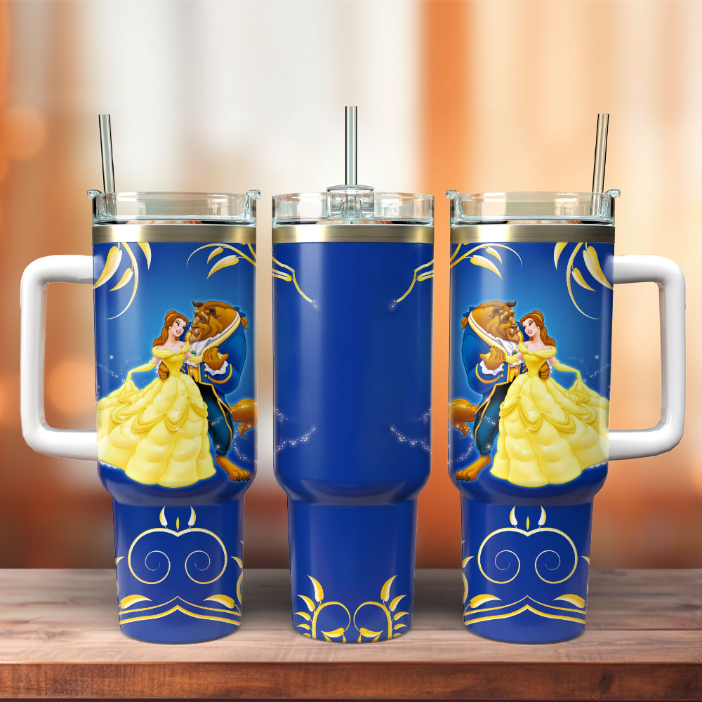 Beauty And The Beast Cartoon Movie Custom Stanley Quencher 40oz Stainless Steel Tumbler With Handle