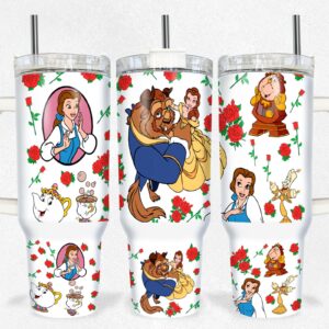 Beauty and The Beast Disney Cartoon Custom Stanley Quencher 40oz Stainless Steel Tumbler With Handle
