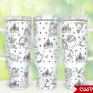 Beauty And The Beast Disney Cartoon Custom Stanley Quencher 40oz Stainless Steel Tumbler With Handle