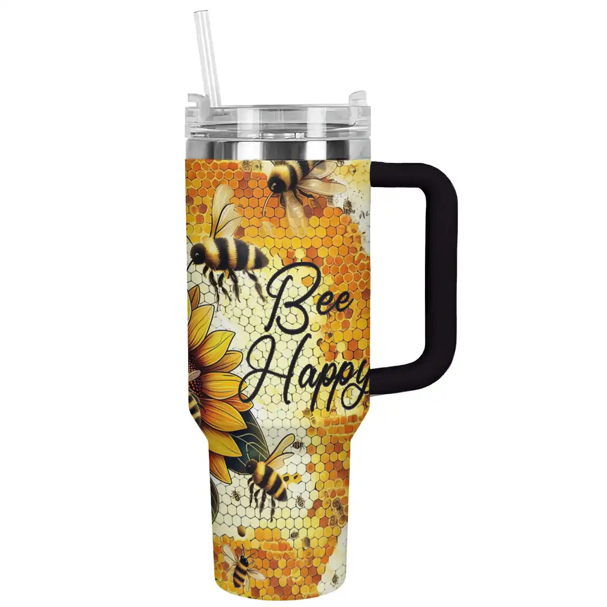 Bee Happy Custom Stanley Quencher 40oz Stainless Steel Tumbler With Handle