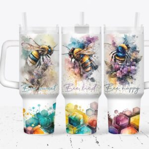 Bee with Flowers Custom Stanley Quencher 40oz Stainless Steel Tumbler With Handle