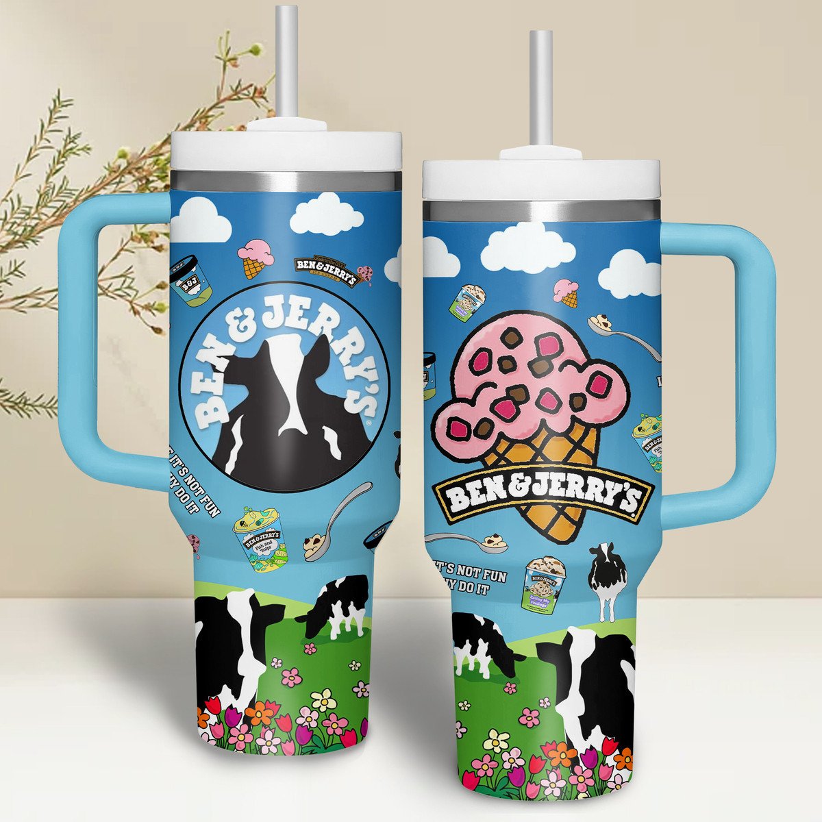 Ben & Jerry's Drinks Custom Stanley Quencher 40oz Stainless Steel Tumbler With Handle