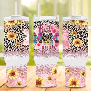 Best Mom Ever Glitter Leopard Print Custom Stanley Quencher 40oz Stainless Steel Tumbler With Handle